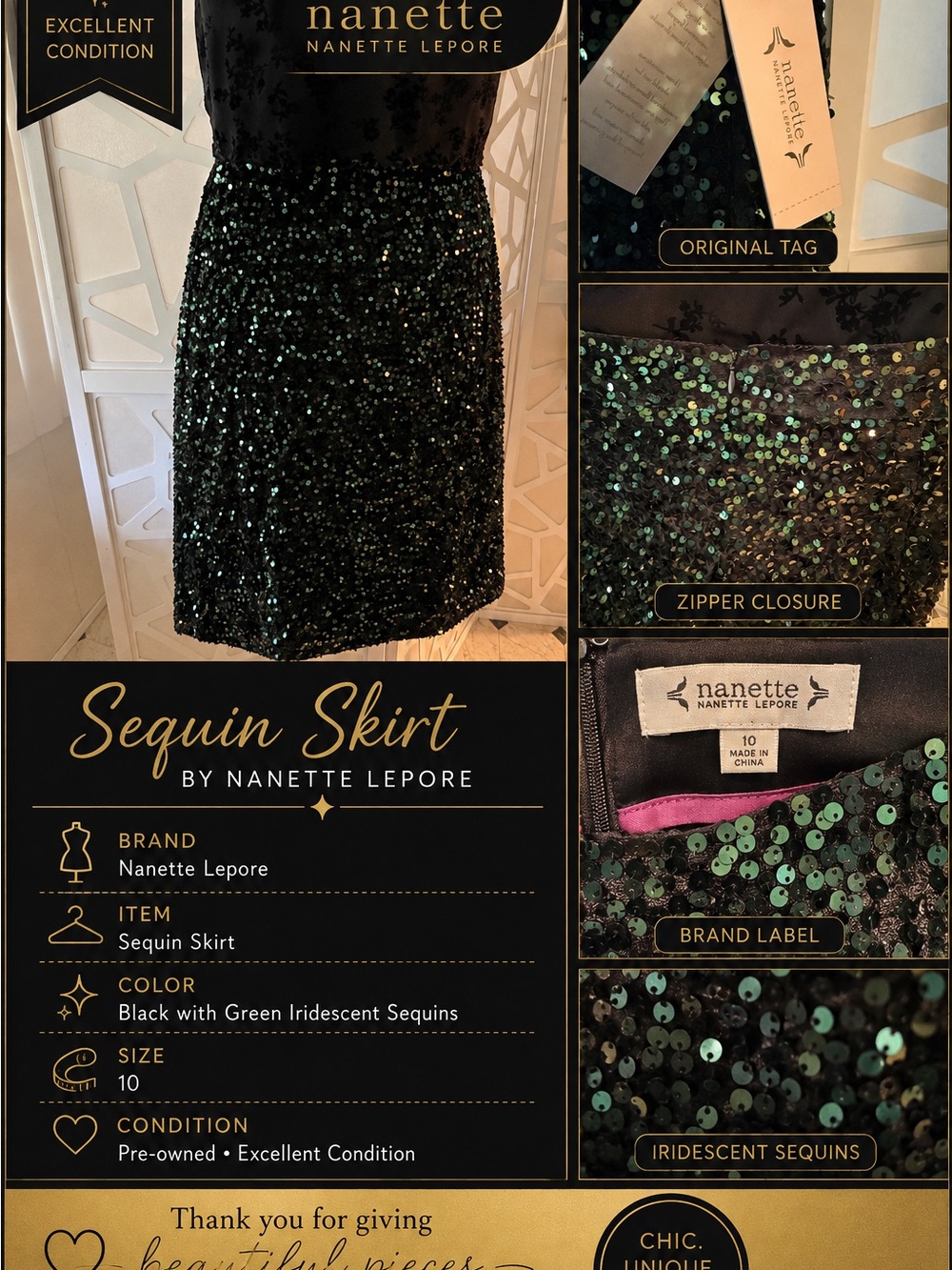 Nanette Lepore Black Skirt with Green Iridescent Sequins